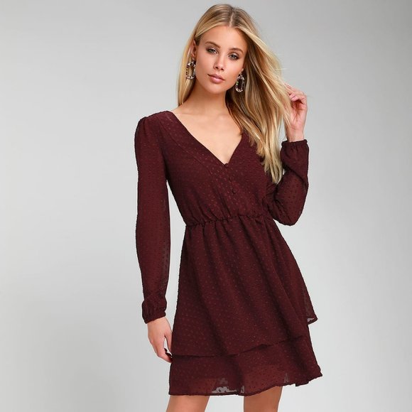 Lulus Dresses & Skirts - Lulus Burgundy Swiss Dot Long Sleeve Skater Dress Size XS